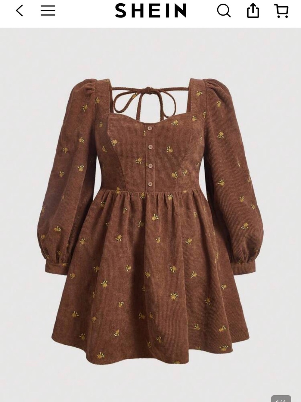 SHEIN Brown Floral Corduroy Long Sleeve Mini Dress